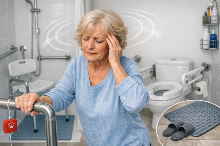 Eine Seniorin mit Schwindel im Bad. Eine barrierefreie Badewanne mit Tür und Einstiegshilfe bietet Sicherheit bei einem seniorengerechten Badumbau. - Wannentüren.de