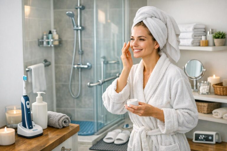 Eine Frau in einem Badezimmer, die sich mit einer Creme pflegt, während sie über barrierefreie Badewannenlösungen nachdenkt. - Wannentüren.de