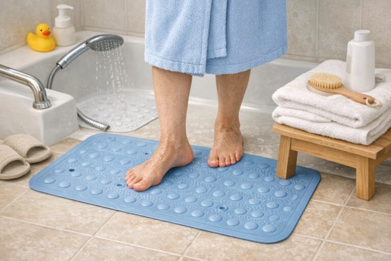 Beitragsbild zum Thema "Rutschfeste Badematten: Worauf Senioren achten sollten" - Rutschfeste Badematten im Vergleich: So finden Senioren sichere, pflegeleichte Modelle fürs Bad – mit Tipps zu Material, Größe und Reinigung.