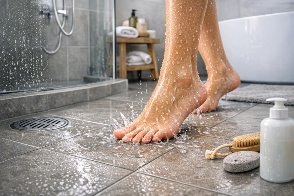 Füße auf einem nassen Badezimmerboden, ideal für den nachträglichen Einbau einer Tür in die Wanne oder eine barrierefreie Badewanne. - Wannentüren.de