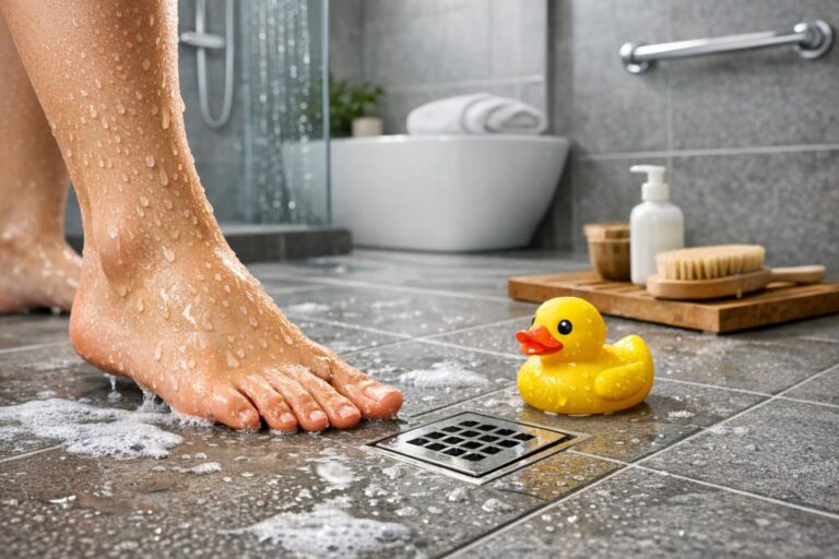 Ein nasser Fuß steht in einer barrierefreien Dusche neben einer Quietscheente, ideal für eine seniorengerechte Badlösung mit sicherem Einstieg. - Wannentüren.de