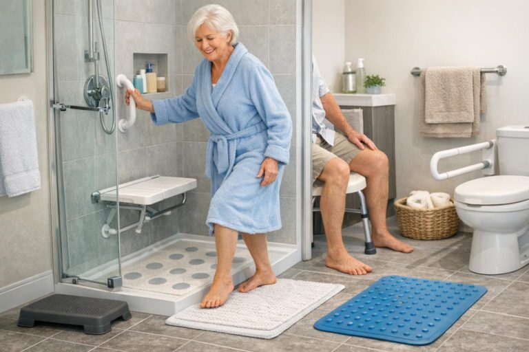 Eine ältere Frau nutzt eine Einstiegshilfe in einer barrierefreien Badewanne mit Tür für mehr Sicherheit. - Wannentüren.de