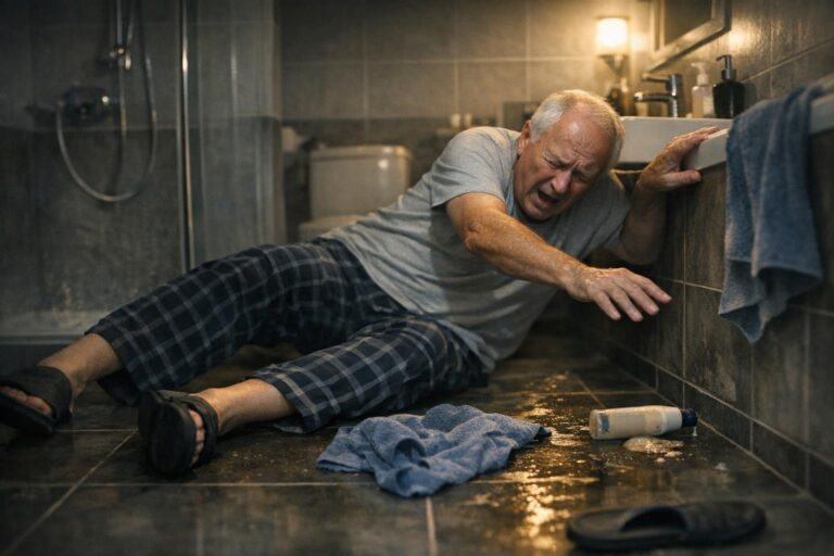 Ein gestürzter Senior im Badezimmer verdeutlicht den Bedarf für eine barrierefreie Badewanne und eine sichere Einstiegshilfe für mehr Sicherheit. - Wannentüren.de