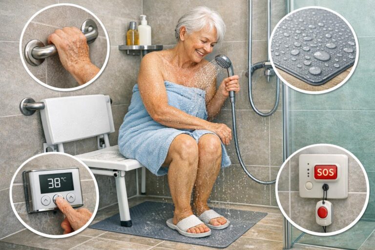 Eine Seniorin nutzt eine barrierefreie Badewanne mit Duschsitz, Haltegriff, Thermostat und Notrufknopf für eine seniorengerechte Badlösung. - Wannentüren.de